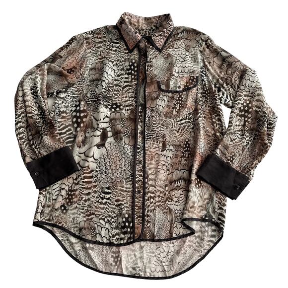 Rag & Bone 100% Silk USA Made Sheer Button Up Black Edging Feather Print Shirt 6 - Picture 1 of 9